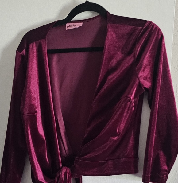 V-Neck Wrap Velvet Top in Deep Red - Picture 2 of 3